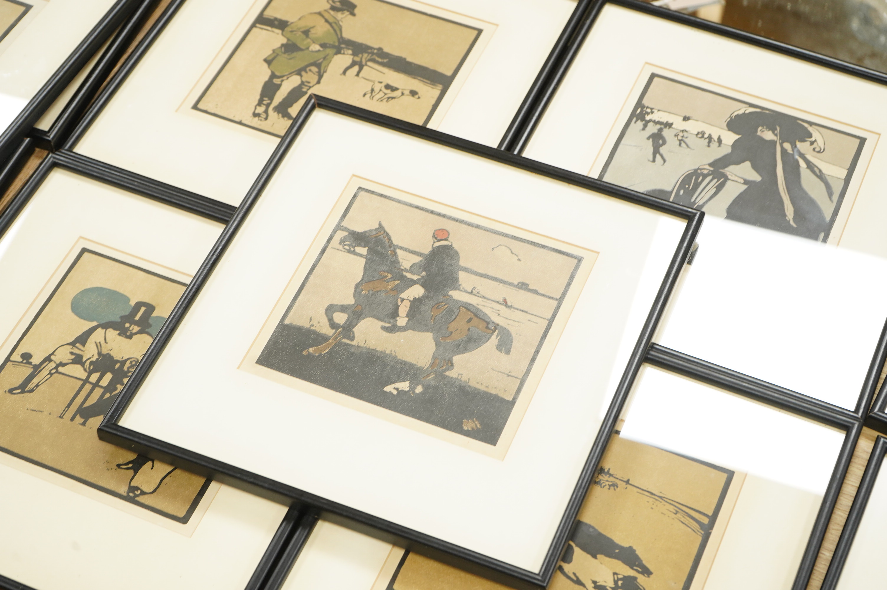 After Sir William Nicholson (1872-1949), twelve woodblock-style colour lithographs from ‘The Almanac of twelve sports’ / ‘The Sporting Calendar’, circa 1895, 22 x 22cm